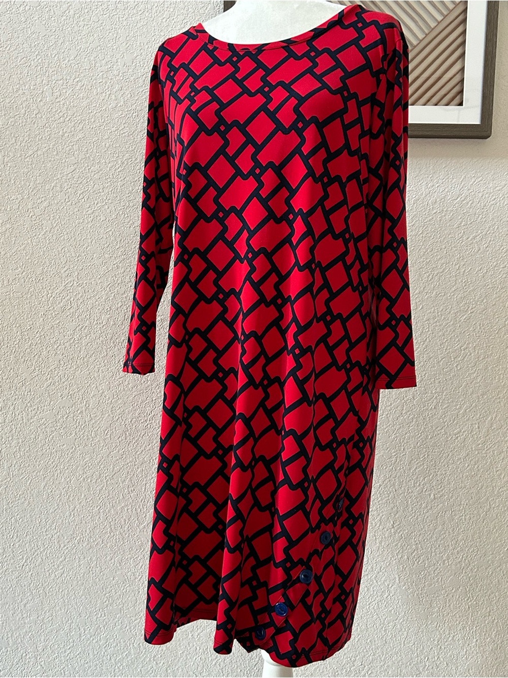 Michael Kors dress XL Classic gridiron pattern 3/4 sleeve Stretchy Red navy EUC